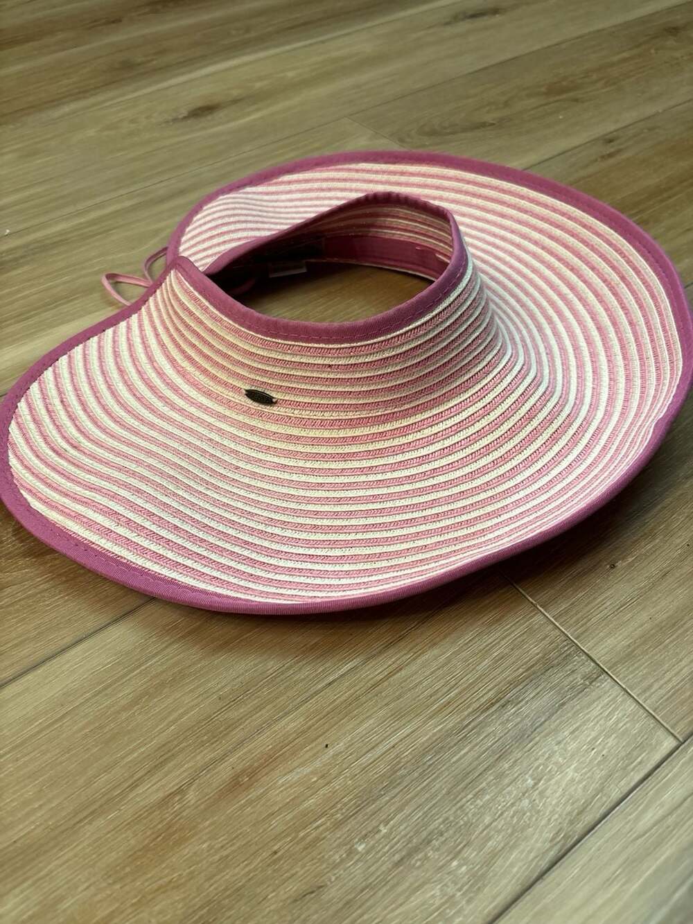 Scala Collezione Pink and White Striped Paper Braid Sun Visor